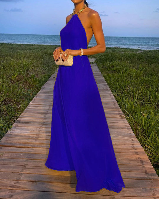 Damen Elegantes Maxikleid mit schmalem Halsband und fließendem Stoff EB