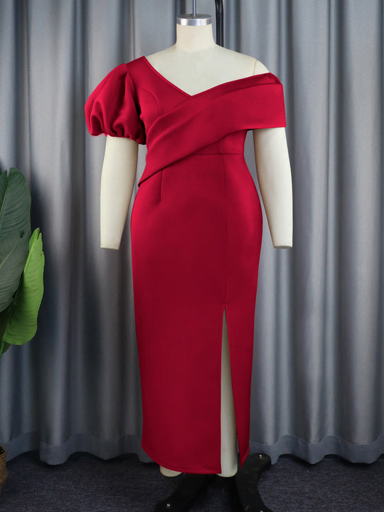 Damen Elegantes Maxikleid mit asymmetrischem Ausschnitt und voluminösen Puffärmeln EB