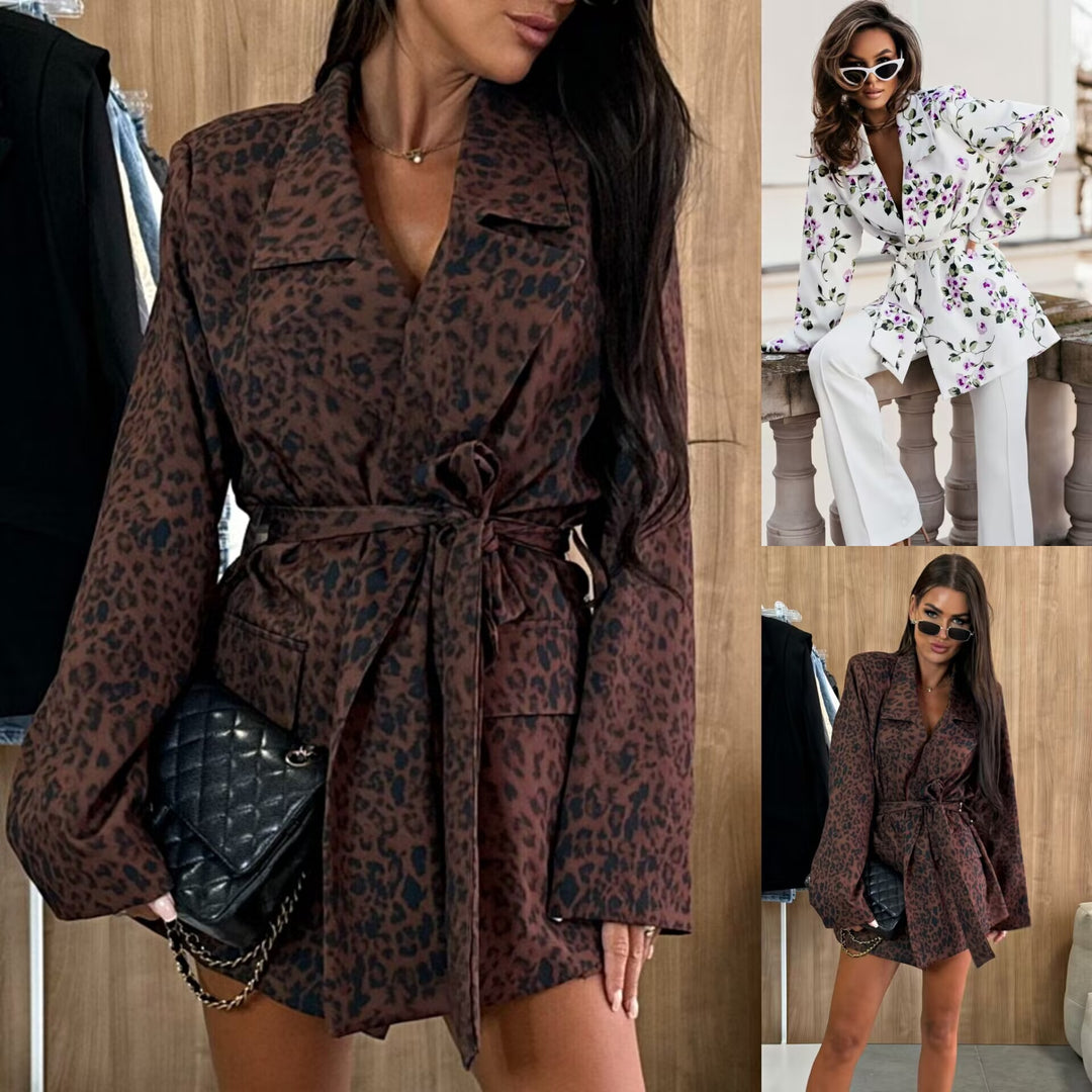 Damen nan tailliertes Blazerkleid mit Leopardenprint und Bindegürtel EB