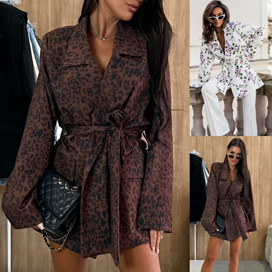 Damen nan tailliertes Blazerkleid mit Leopardenprint und Bindegürtel EB