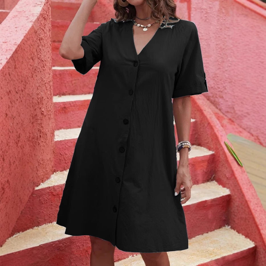Damen Knielanges Hemdblusenkleid mit Knopfleiste und Kurzarm EB
