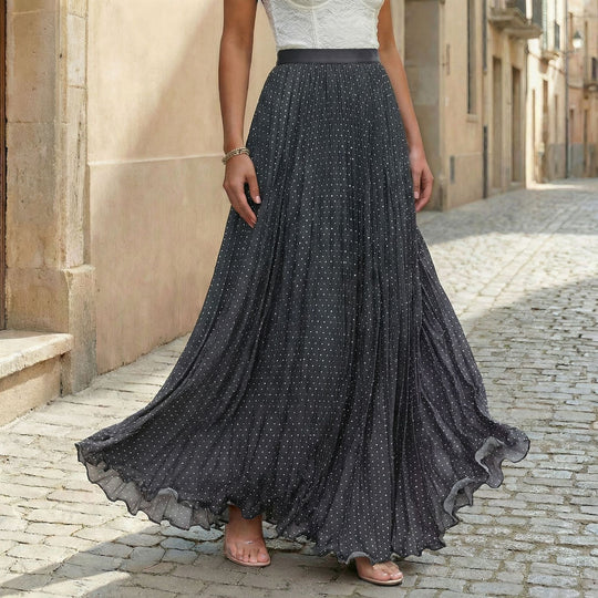 Damen nan plissierter Maxirock mit elastischem Taillenbund und feinem Punktmuster EB