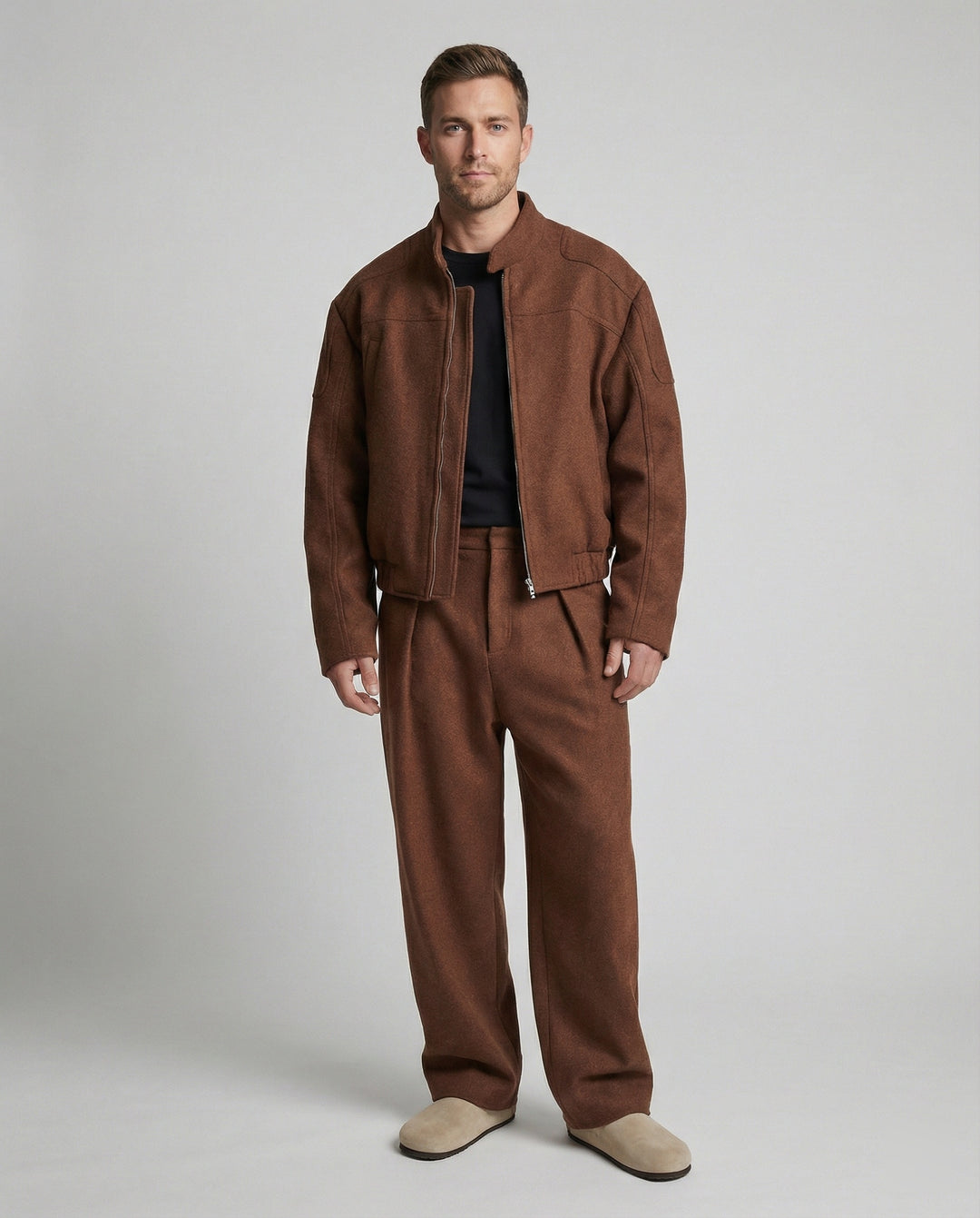 Herren kastig geschnittene Wollmix-Boxyjacke mit Stehkragen und verdecktem Reißverschluss EB