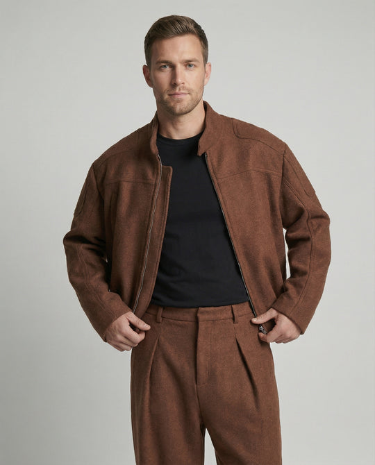 Herren kastig geschnittene Wollmix-Boxyjacke mit Stehkragen und verdecktem Reißverschluss EB