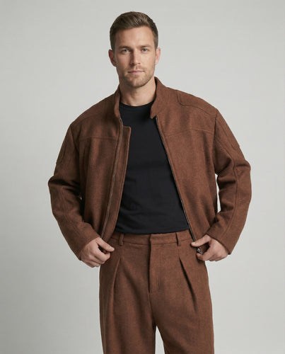 Herren kastig geschnittene Wollmix-Boxyjacke mit Stehkragen und verdecktem Reißverschluss EB