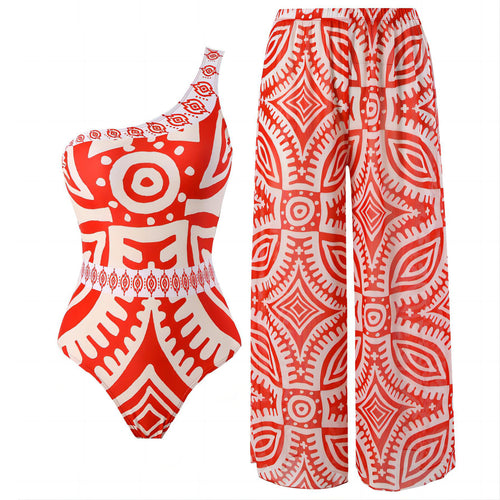 Damen Einteiler Badeanzug mit asymmetrischem Schnitt und eleganter Palazzo-Hose EB