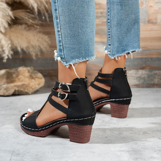 Damen Offene Riemensandalen mit Blockabsatz und Doppel-Schnallen EB