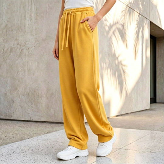 Damen nan weite Loungepalazzo-Hose mit hohem Komfortbund, Kordelzug, seitlichen Eingrifftaschen und dekorativer Seitennaht EB