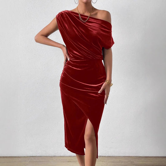 Damen Elegantes Schulterfreies Midikleid im Fließenden Design EB