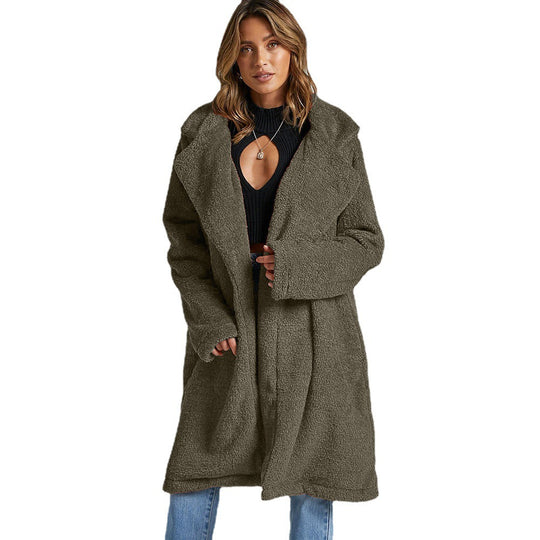Damen Lange, flauschige Teddy-Jacke mit Revers EB