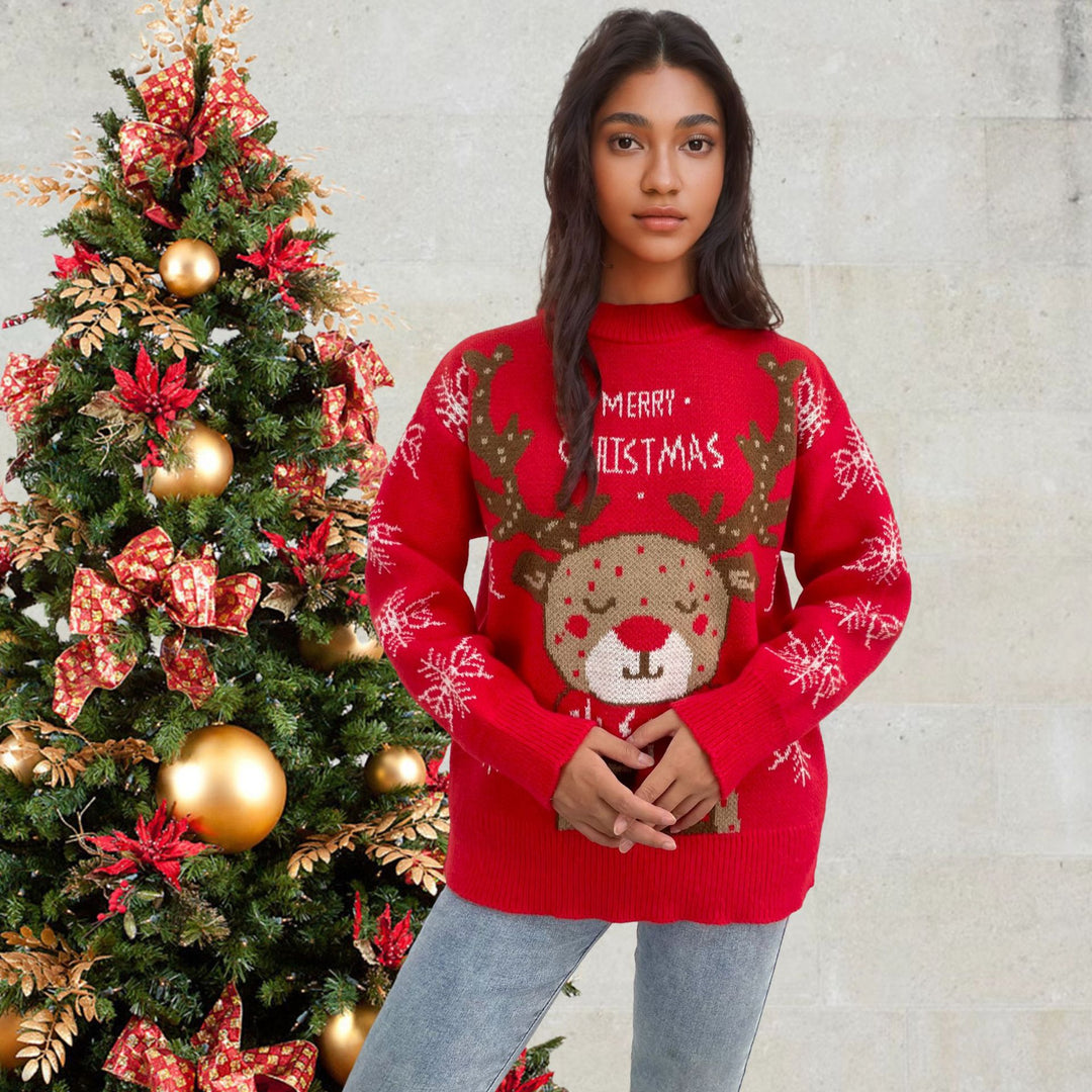 Damen Weihnachtspullover mit niedlichem Rentiermotiv und winterlichen Schneeflocken EB