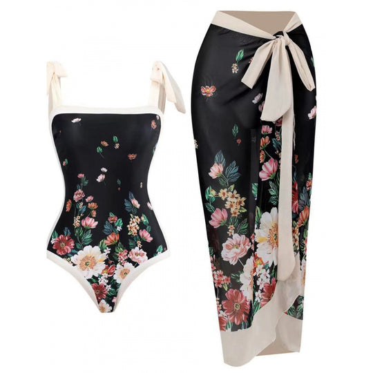 Damen Einteiliger Badeanzug mit stilvollem Wickelrock und modischem Muster EB