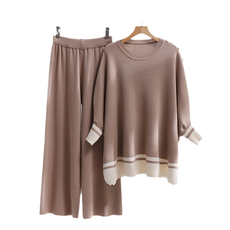 Damen lässiges Strick-Loungewear-Set mit modischem Kontrastsaum und weitem Schnitt EB