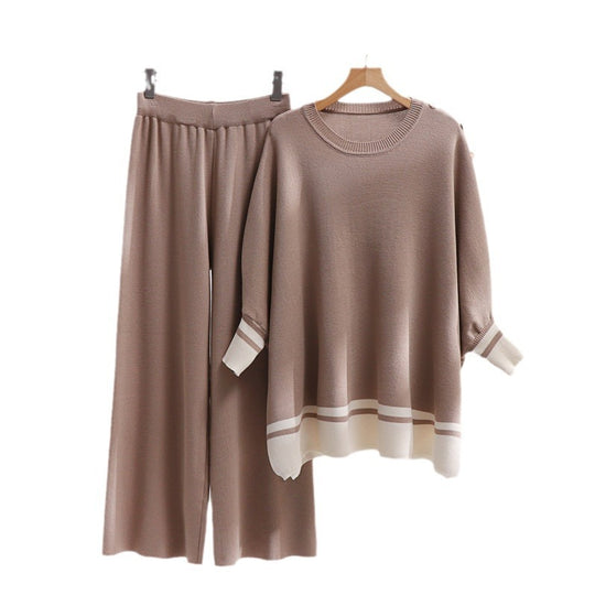 Damen lässiges Strick-Loungewear-Set mit modischem Kontrastsaum und weitem Schnitt EB