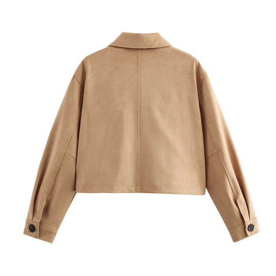 Damen cropped Wildlederjacke im lässigen Stil mit Druckknopfverschluss EB