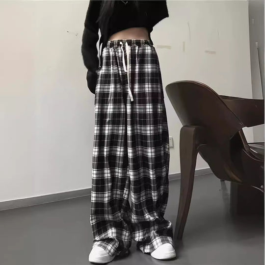 Damen weite Karohose mit Gummizug und anpassbarem Kordelzug EB
