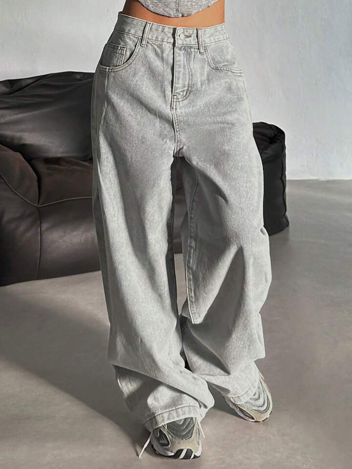Damen Weite Jeans im lässigen Urban-Style mit hohem Bund und markanten Nähten EB