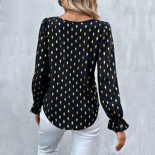 Damen Bluse mit elegantem geometrischem Muster und Rüschendetails EB