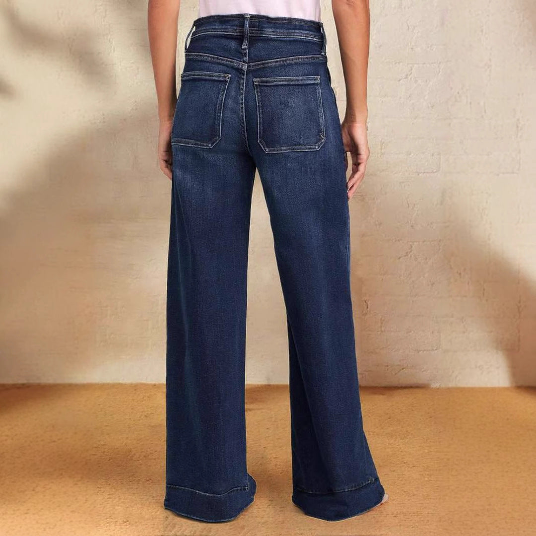 Damen Weite Denim-Hose mit hohem Bund und regulierbarem Kordelzug EB