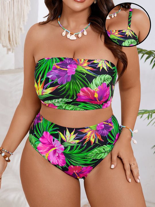 Damen Bandeau-Bikini mit floralem und tierischem Muster EB
