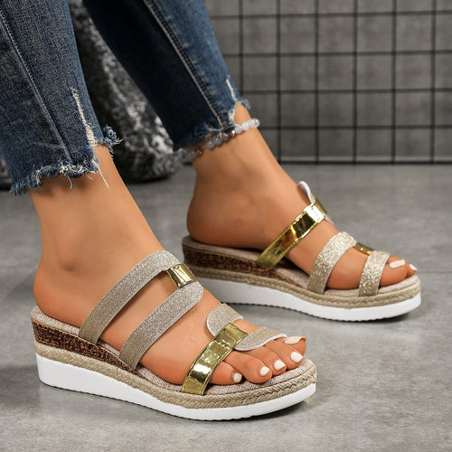 Damen Wedge-Sandaletten mit glamourösem Glitter-Design und modischen Riemen EB