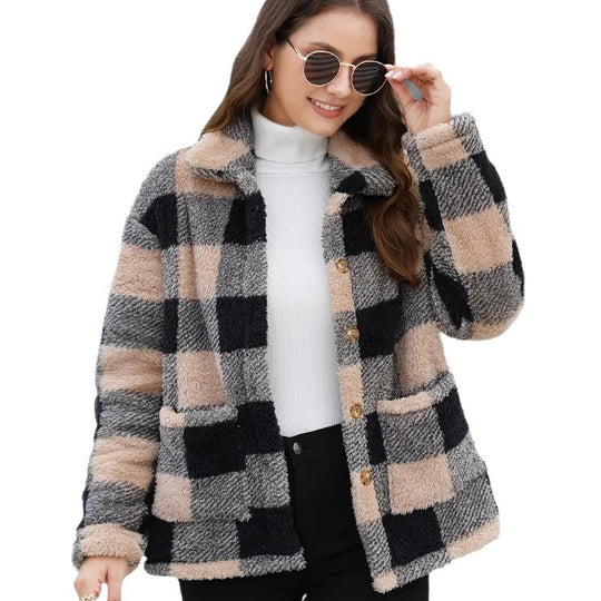 Damen nan gefütterte Karo Teddy-Fleece Shacket mit Knopfleiste und aufgesetzten Taschen EB