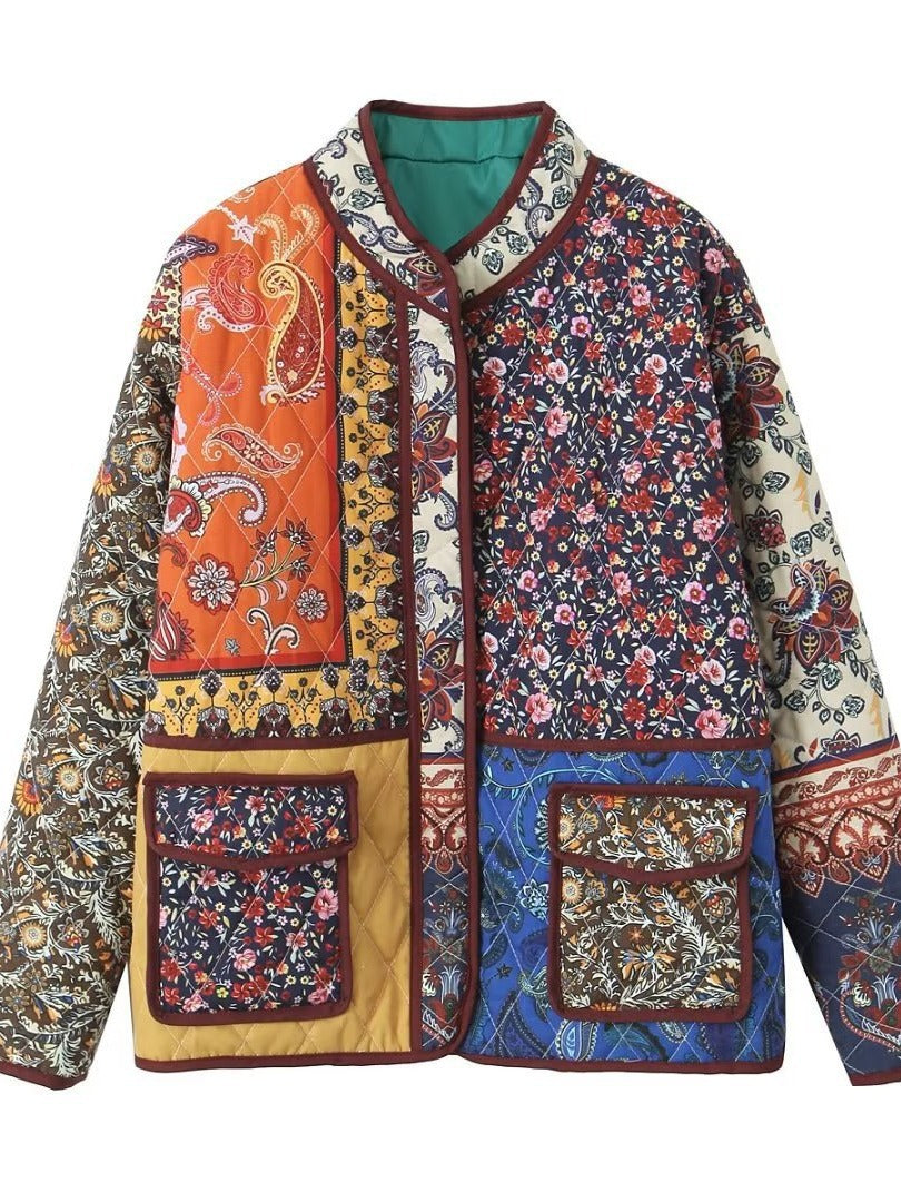 Damen gesteppte Patchworkjacke mit floralem Design und praktischen Taschen EB