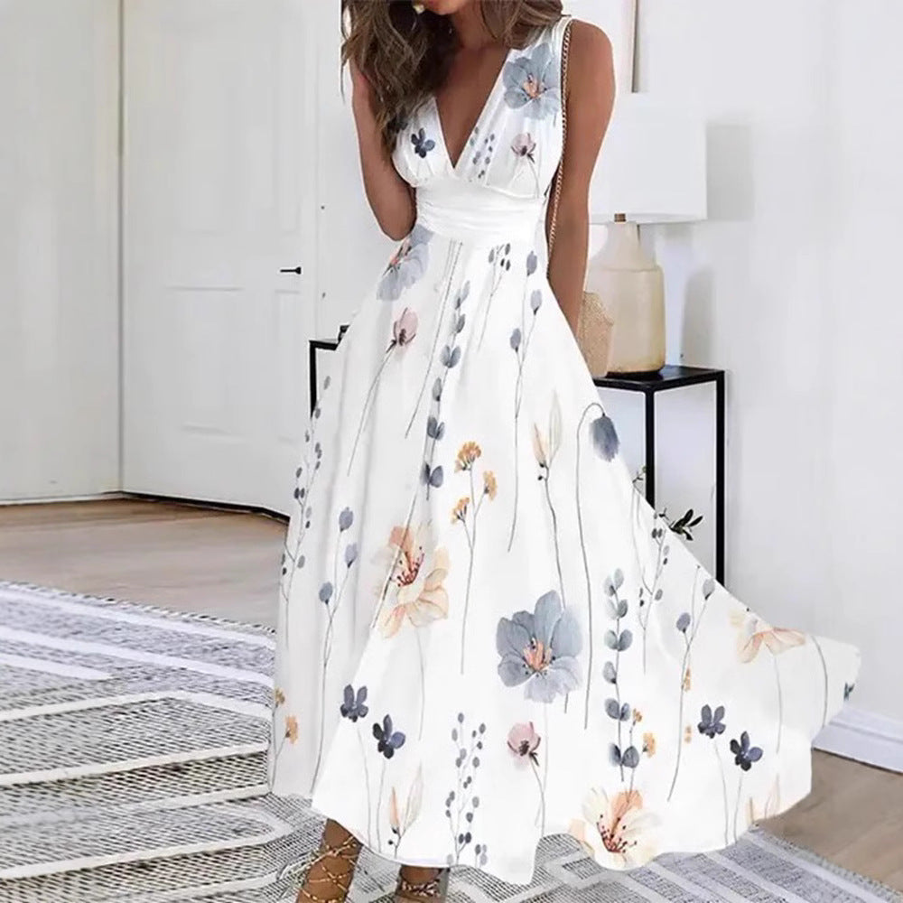Damen Blumiges A-Linien Maxikleid mit V-Ausschnitt und eleganten Trägern Heidi-Mode