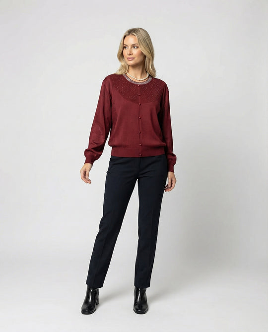 Damen Activewear fein gestrickte Rundhalsbluse mit Satinärmeln und Perlendekor sowie Zierknopfleiste EB