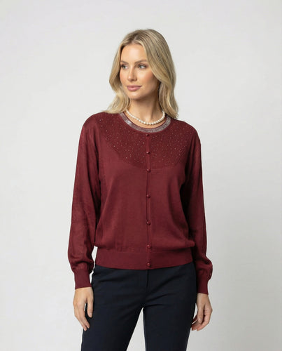 Damen Activewear fein gestrickte Rundhalsbluse mit Satinärmeln und Perlendekor sowie Zierknopfleiste EB