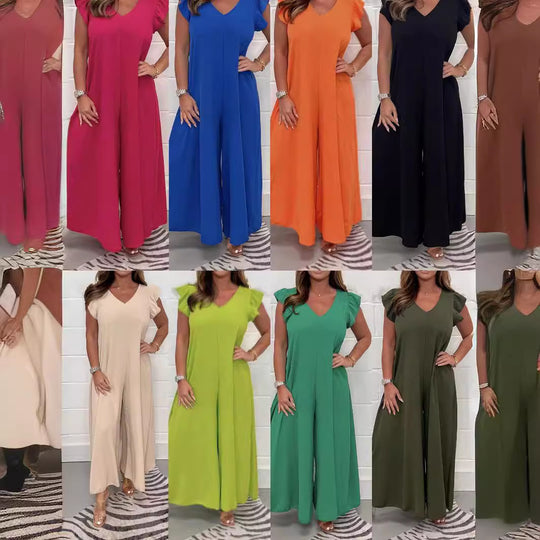 Damen legerer Jumpsuit mit fließendem Schnitt und V-Ausschnitt EB