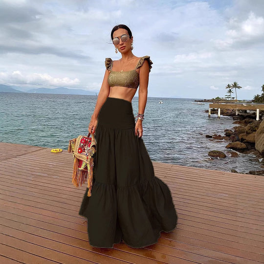 Damen Crop-Top und Rock Set mit Rüschen und floralem Muster EB