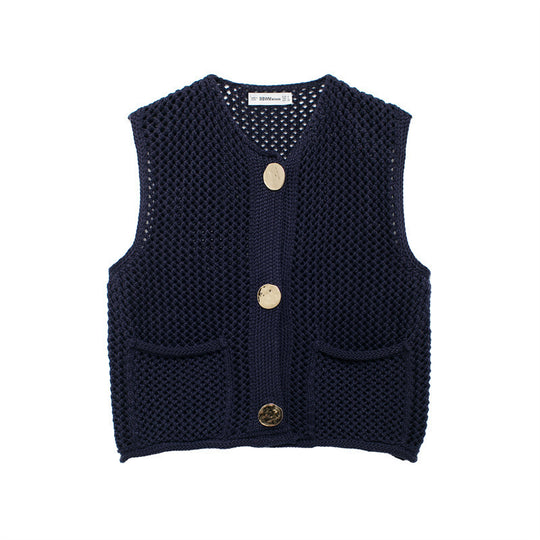 Damen gehäkelte Strickweste mit großen Zierknöpfen und Aufsatztaschen EB