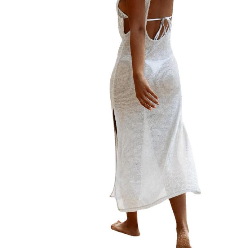 Damen luftiges Maxikleid mit transparentem Häkelmuster und seitlichen Schlitzen EB