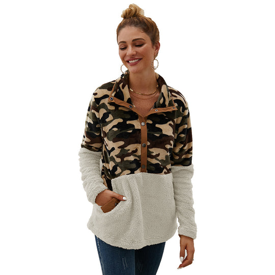 Damen warme Fleecejacke im Camouflage-Design mit hohem Kragen EB