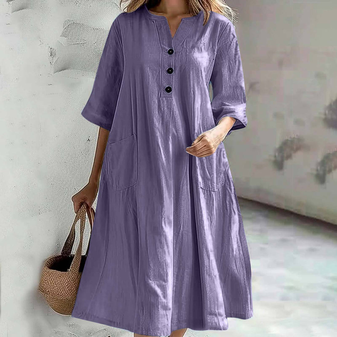 Damen nan locker fallendes A-Linien Kleid mit V-Ausschnitt-Knopfleiste, 3/4-Ärmeln und aufgesetzten Eingrifftaschen EB