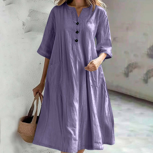 Damen nan locker fallendes A-Linien Kleid mit V-Ausschnitt-Knopfleiste, 3/4-Ärmeln und aufgesetzten Eingrifftaschen EB