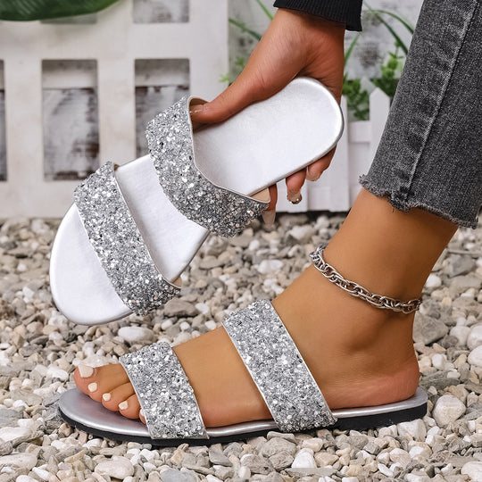 Damen modische Slide-Sandalen mit funkelnden Strassdetails EB