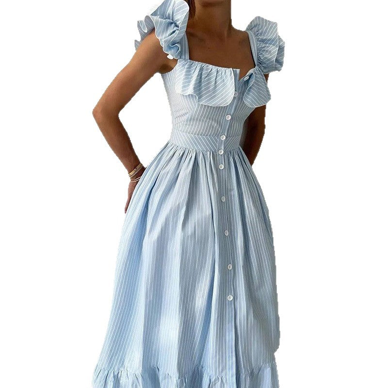 Damen Maxikleid mit Rüschendetails und Knopfleiste EB