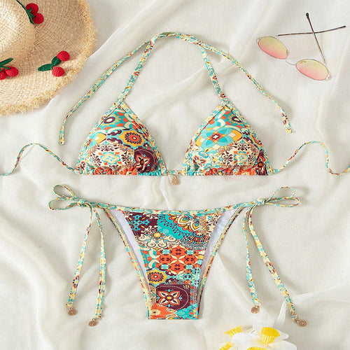Damen Triangel-Bikini mit verspieltem Bindesystem und farbenfrohem Muster EB
