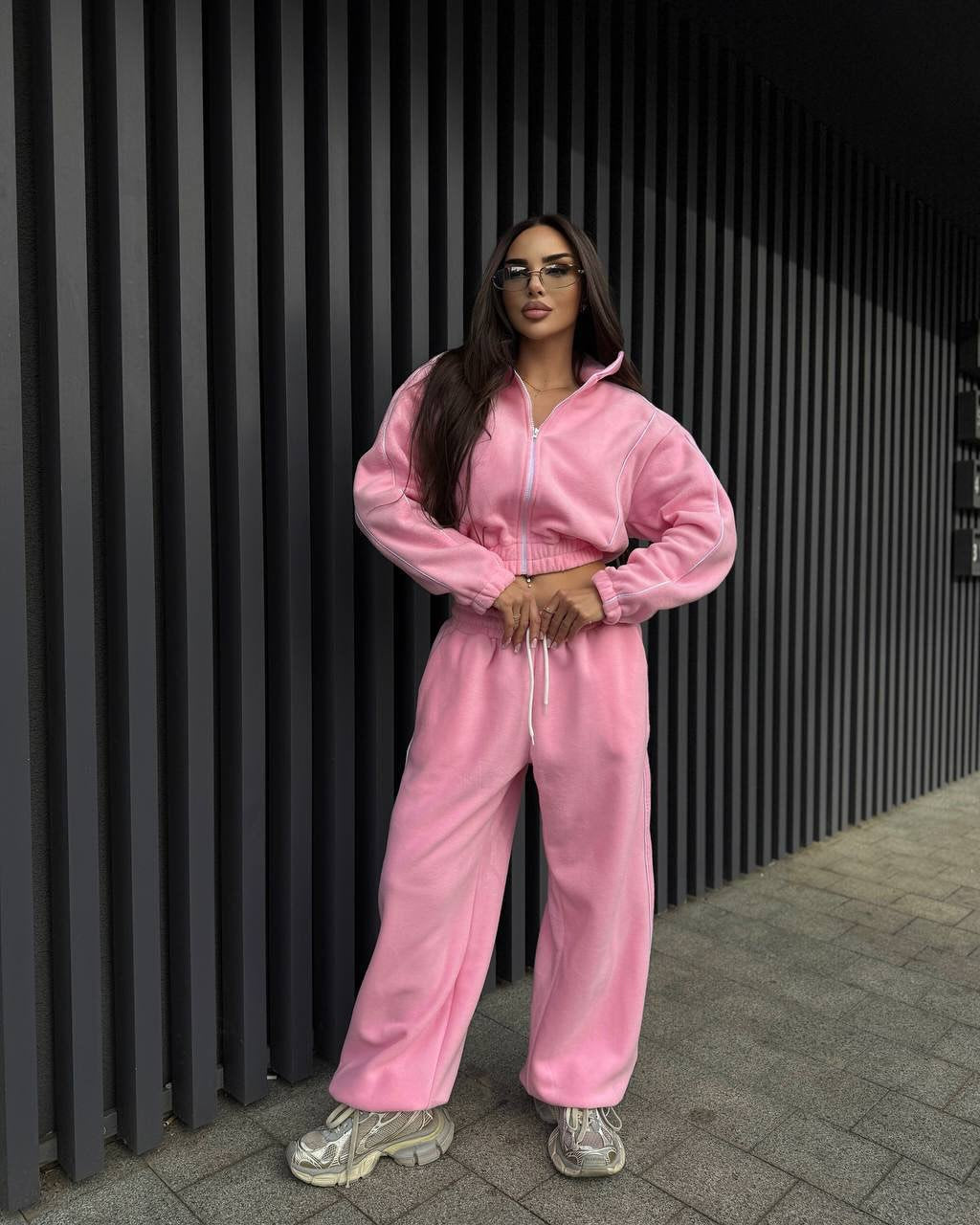 Damen Gekürztes Zip-Fleece-Set mit tailliertem Kordelbund und weitem Hosenbein EB