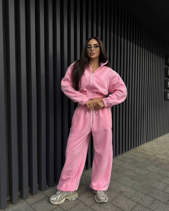 Damen Gekürztes Zip-Fleece-Set mit tailliertem Kordelbund und weitem Hosenbein EB