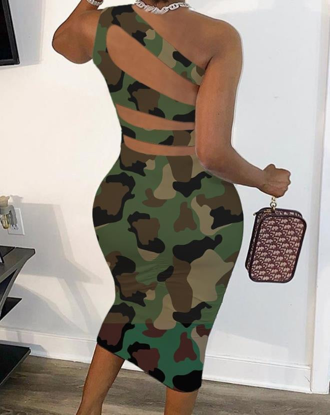 Damen Figurbetontes Einseitiges Kleid mit buntem Muster EB