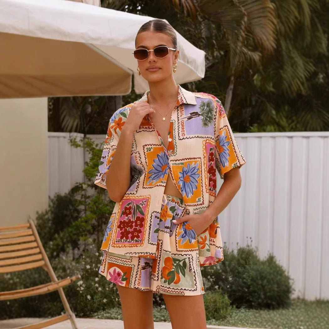 Damen Kurzarm-Hemd mit passender Shorts im floralem Design EB