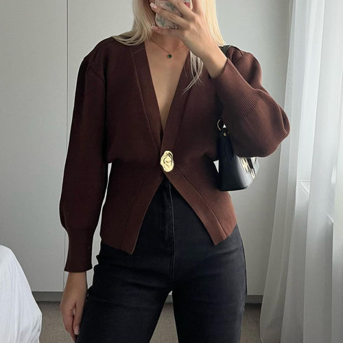 Damen modischer Strickcardigan mit tiefem V-Ausschnitt und dekorativem Knopf EB