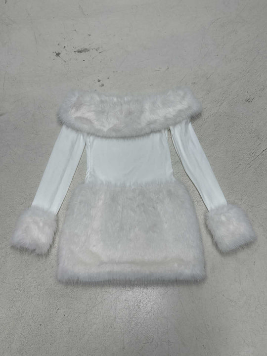 Damen nan figurbetontes Off-Shoulder Minikleid mit langen Ärmeln und luxuriösem Kunstfellbesatz EB