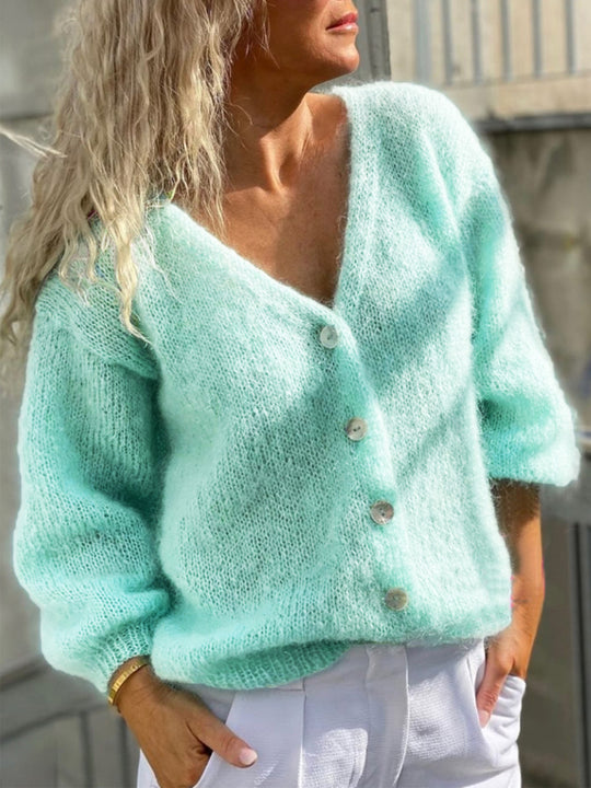 Damen gemütliche Strickjacke mit V-Ausschnitt und lässigen Puffärmeln EB
