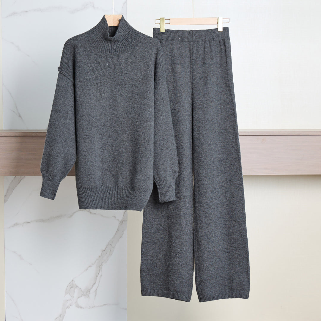 Damen Gemütliches Strickensemble mit hohem Kragen und weit geschnittenen Hosen EB