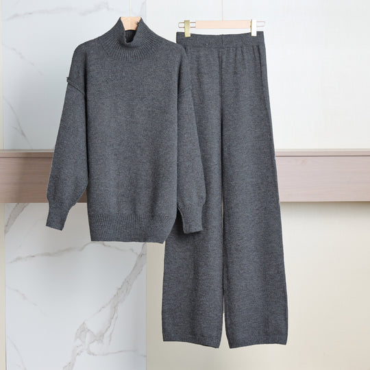Damen Gemütliches Strickensemble mit hohem Kragen und weit geschnittenen Hosen EB