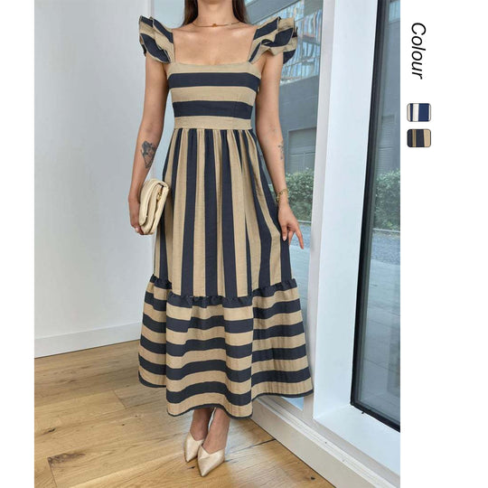 Damen Maxi-Kleid mit verspieltem Streifenmuster und Rüschendetails EB